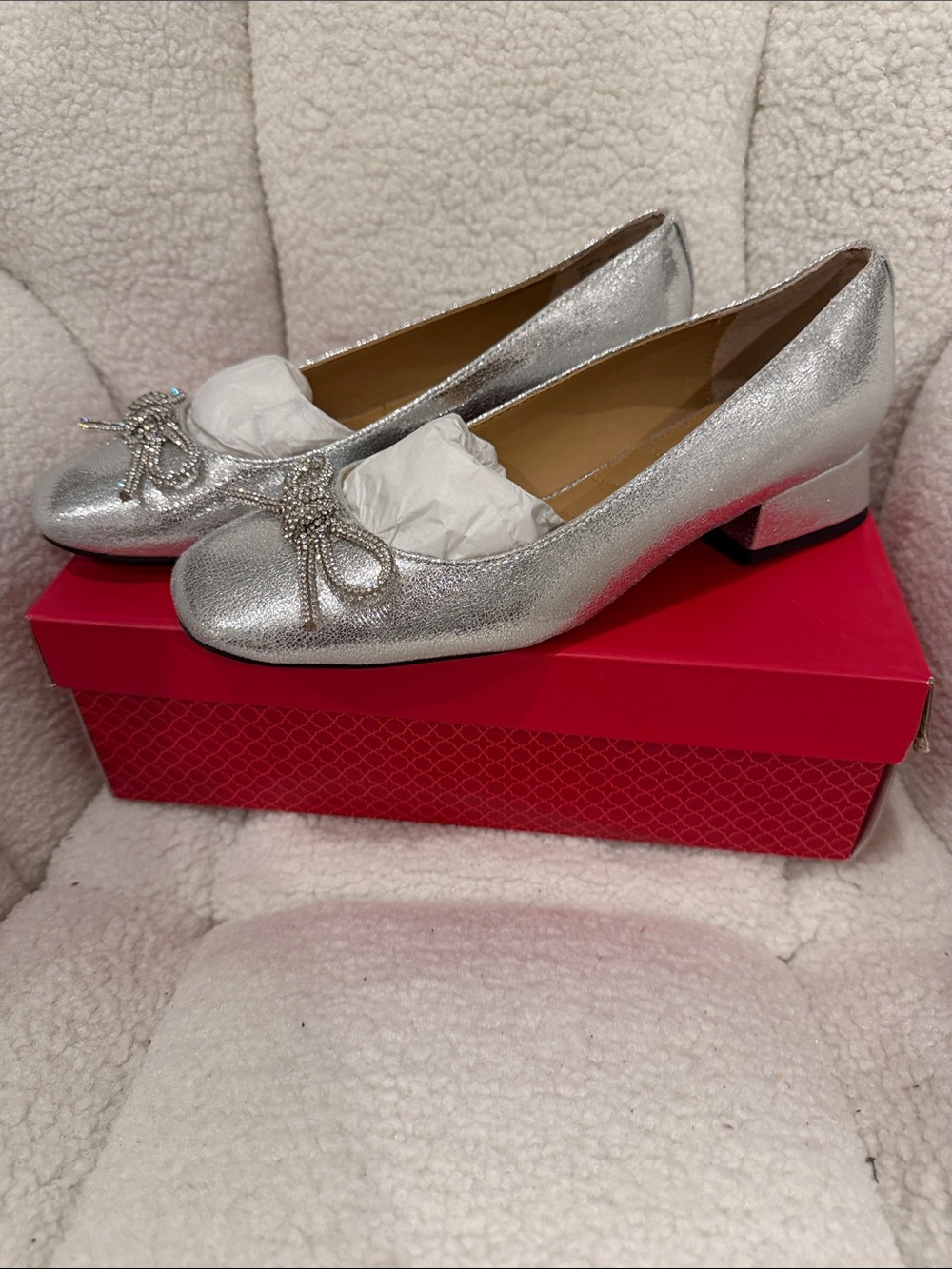 Kelly & Katie Silver Metallic Low Block Heel Loafers with Bow